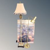 A contemporary print in clip frame together with two floor lamps