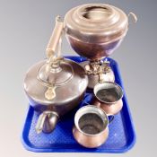 A tray containing antique copper wares including samovar (no lid),