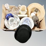 A box containing a British made vintage bowler hat together with a Borough of London boater hat,