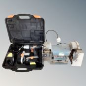 A Black and Decker bench top electric grinder together with a Challenge Xtreme 18v electric drill