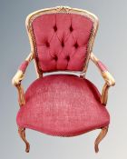 A pair of reproduction beech framed drawing room chairs.