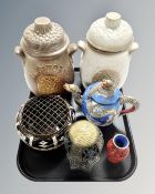 Two 1970s West German Rumtopf lidded jars together with a Chinese dragon teapot, antique rose bowl,