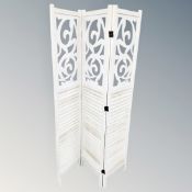 A contemporary fretwork louvre three way folding screen.