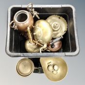 A box containing antique and later metal wares including a Victorian copper samovar with tap (no