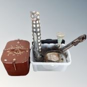 A vintage hand painted wooden caddy together with a further box containing wooden carving,