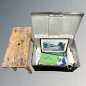 A 19th century pine cracket together with a metal deed box containing ephemera relating to the