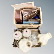 Five boxes containing brass silver plated items, a pair of Oriental style table lamps,