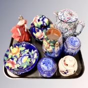 A tray containing a Maling ginger jar, Royal Doulton figure Winsome HN2220, Ringtons ware,