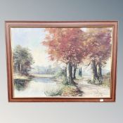 A 20th century oil painting depicting trees by a river.