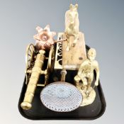 A tray of brass figures including cannon, horse on plinth etc.