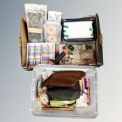 Two boxes containing crafting items, ribbon etc.