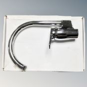 A vertical swan neck sink mixer tap, boxed.