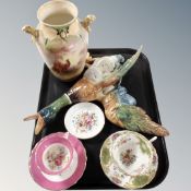 A large continental figure of a flying duck together with a Crown Devon vase,