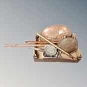 A box containing antique and later metal wares including bed warming pans, copper embossed plaque,