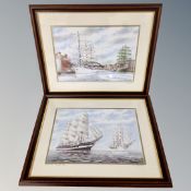 Two Ron Thornton signed prints depicting tall ships, in frames and mounts.