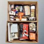 Two boxes containing power tools, hand tools, hardware, boxed chisel set etc.