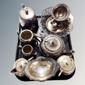 A tray containing antique and later plated wares including cruet set, tea service, basket etc.