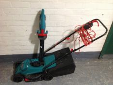 A Bosch Rotak 320ER electric lawnmower with lead and grass box together with a Bosch AHS41 ACCU