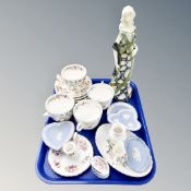 A tray containing assorted ceramics including four Minton Haddon Hall china teacups with saucers,