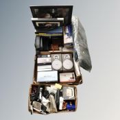 Three boxes of assorted electricals, vintage camera,s pictures, remotes,