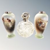 A pair of silver rimmed vases (height 14cm) together with a cut glass and silver mounted globular