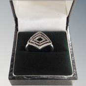 A Pandora silver finger ring with diamond face, in green crocodile style box, 2.9g.