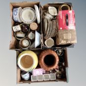 Three boxes of a quantity of Kiln Craft table ware, kitchen storage jars, vases,