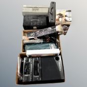 Two boxes containing karaoke machine, camera tripods, a boxed Kenwood Frothie,