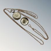 A silver sovereign case (a/f) together with a long gold-plated watch chain, length 134cm.