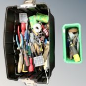 Two tubs containing a quantity of hand tools and hardware.