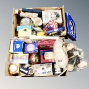 Two boxes of Ringtons soft toys, die cast vehicles, collector's plates, tins,