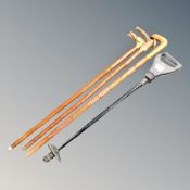 Three walking sticks on with dog head handle and a shooting stick
