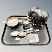 A silver cigarette box, together with a silver-plated quaiche, two spoons,