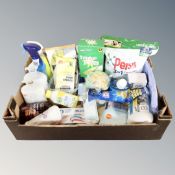 A box of household items, laundry tablets, rubber gloves, dish gloves, toothpaste, hand soaps,
