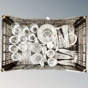 A crate of assorted glass, crystal vase,