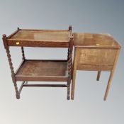 An Edwardian oak barley twist two tier serving table together with a mid century sewing table