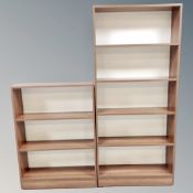 Three contemporary open bookshelves in oak finish