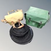 A Paul Skleton fishing box together with a fishing bag and keep net