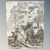 Danish school : figures by a steam engine, oil on canvas,