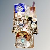 Three boxes of assorted ceramics and glass ware, Continental figurines, wall plates,