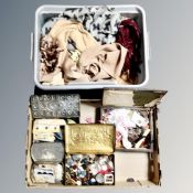 Two boxes containing tins, haberdashery items, buttons,