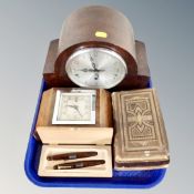 A tray of 1930's Westminster china mantel clock together with Smiths electric mantel clock,