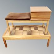 A 20th century tiled coffee table together with a teak telephone table