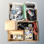 Two boxes of hand tools, hardware, bulbs, blow lamp,