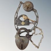 Three 19th century padlocks, one with key.