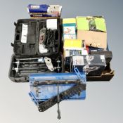 Two boxes of power tools, Dove tail jig, sander blaster kit,