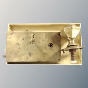 A Victorian brass lock with key together with a Victorian brass door handle