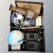 Two crates of Art Deco barometer (af), Murano glass clown, globe,