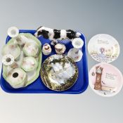 A tray of ceramics, Royal Doulton figure of a Spaniel, two further figures, Miss Apple,