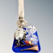 A tray of vintage Aladdin chrome oil lamp with chimney, cut glass rose bowl, decanter,